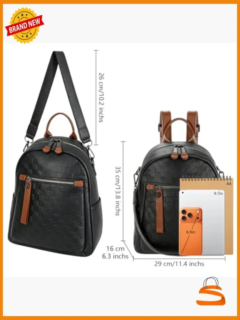 Genuine Leather Backpack Checkerboard Pattern Convertible Shoulder Bag Daypack